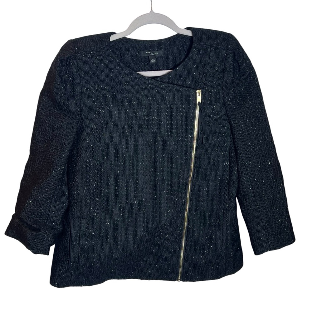 Ann Taylor Black Gold Metallic Asymmetrical Zip Wool Blend 3/4 Sleeve Jacket, 14